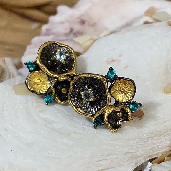 Gemstone Sterling & 14 kt Floral Lilly Pad Earrings